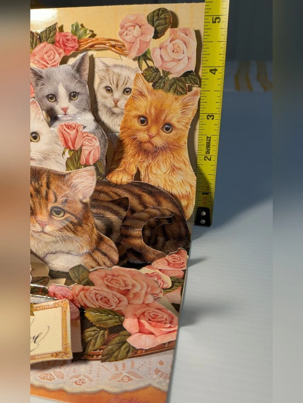 3D Kittens Greeting Card Die Cut Stand Up Roses Cat Decor Vintage Pop Shots